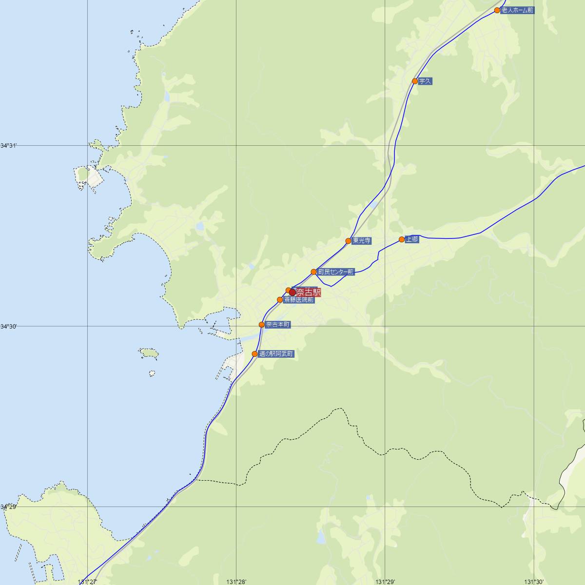 奈古駅（JR西日本）周辺のバス路線図