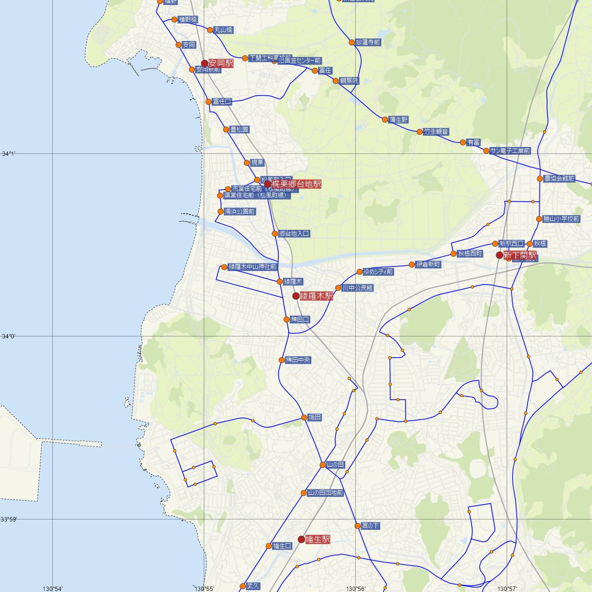 綾羅木駅（JR西日本）周辺のバス路線図