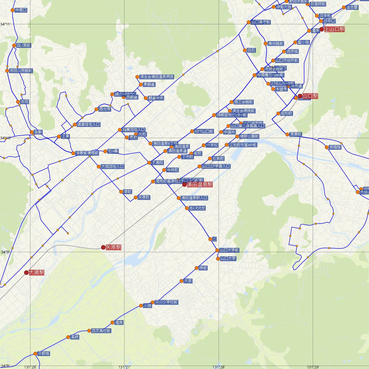 湯田温泉駅（JR西日本）周辺のバス路線図