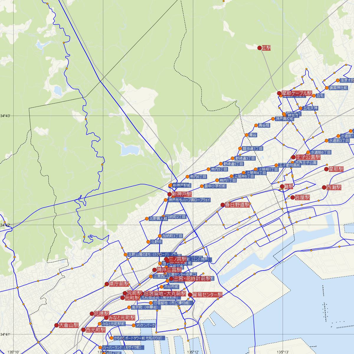 新神戸駅（JR西日本）周辺のバス路線図