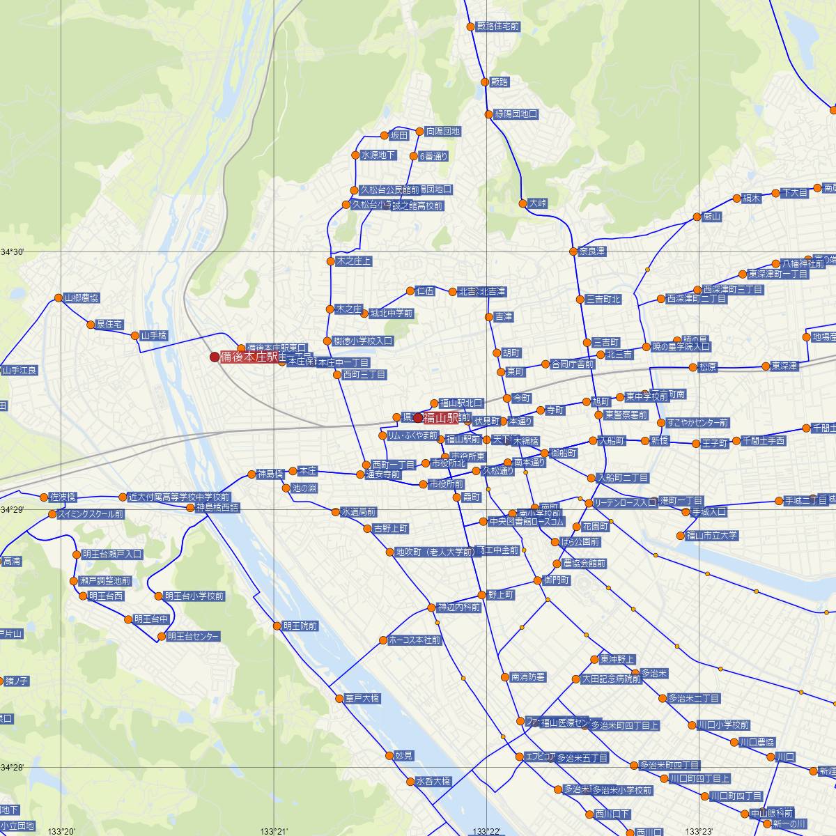 福山駅（JR西日本）周辺のバス路線図