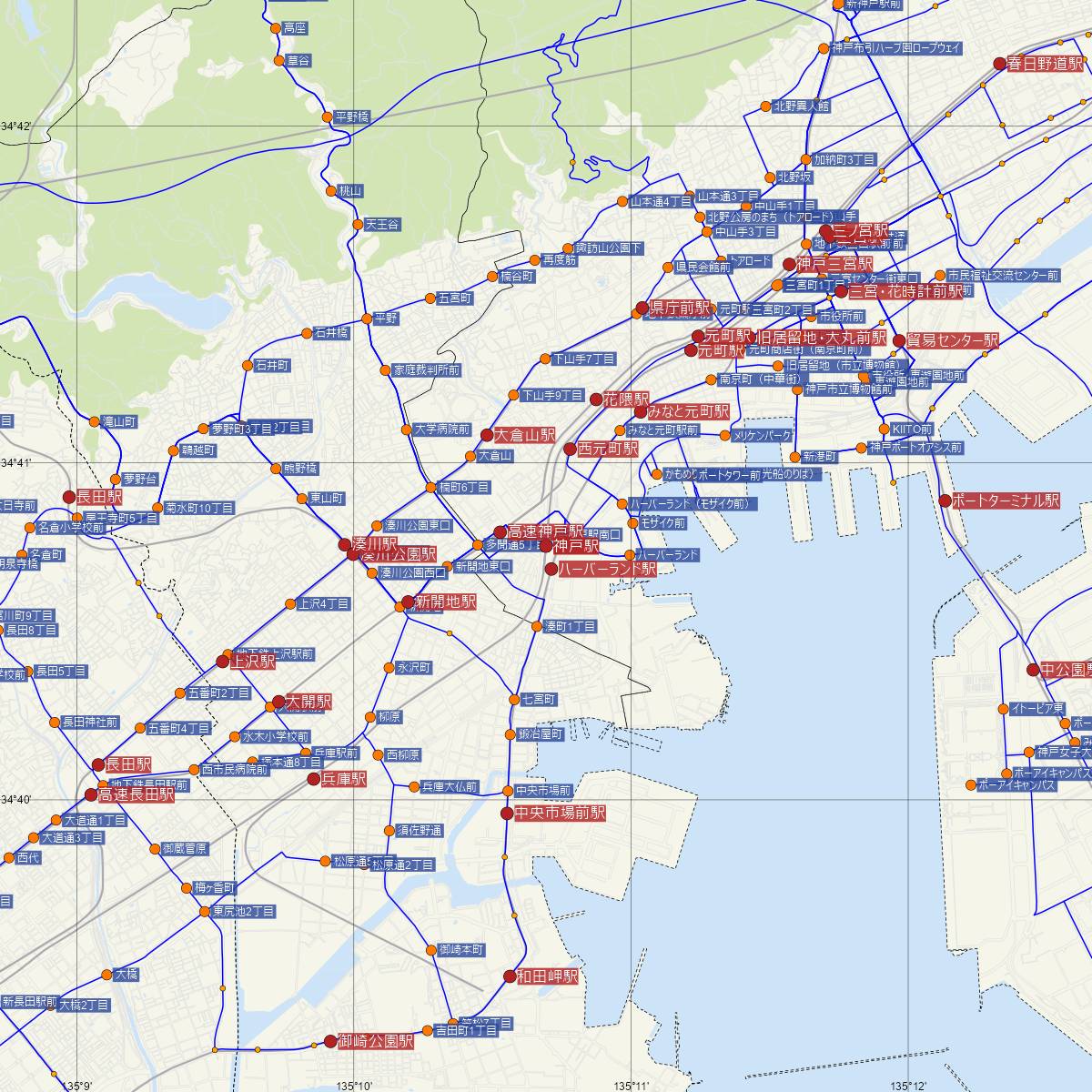 神戸駅（JR西日本）周辺のバス路線図