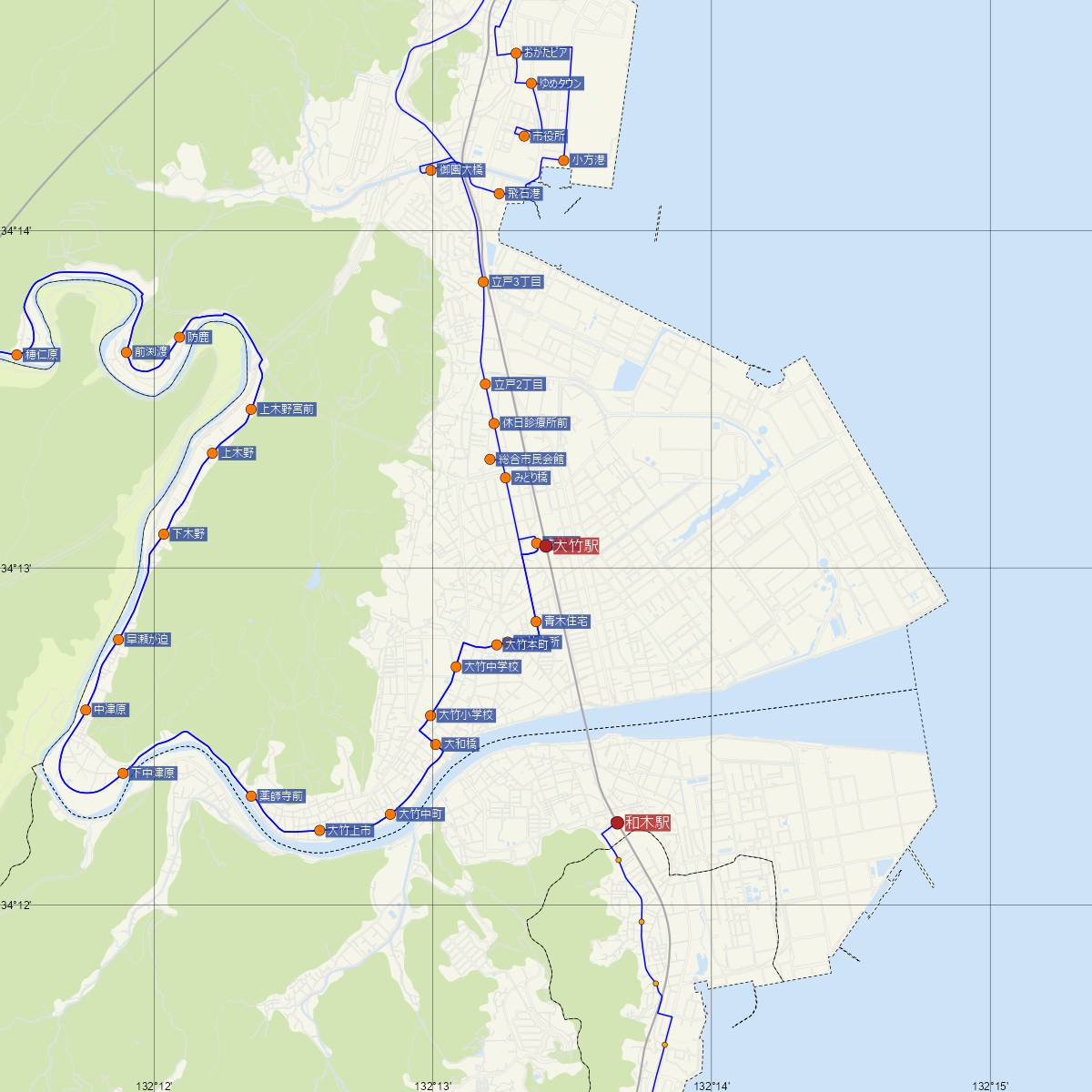 大竹駅（JR西日本）周辺のバス路線図