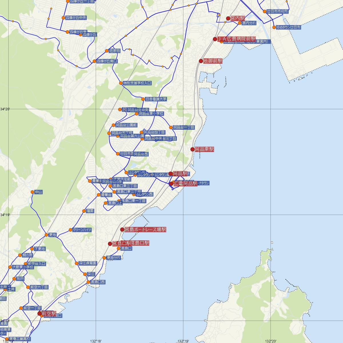 阿品駅（JR西日本）周辺のバス路線図