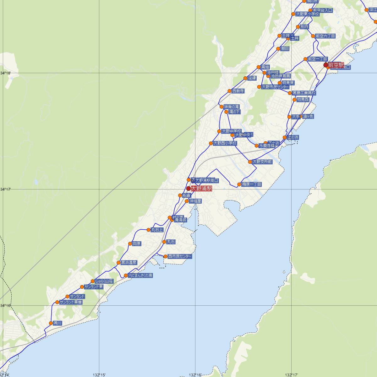 大野浦駅（JR西日本）周辺のバス路線図