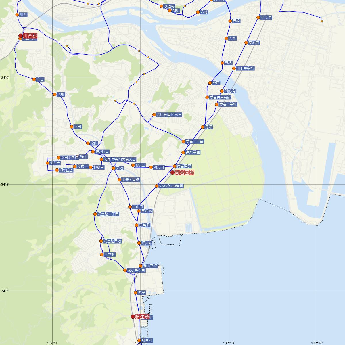 南岩国駅（JR西日本）周辺のバス路線図