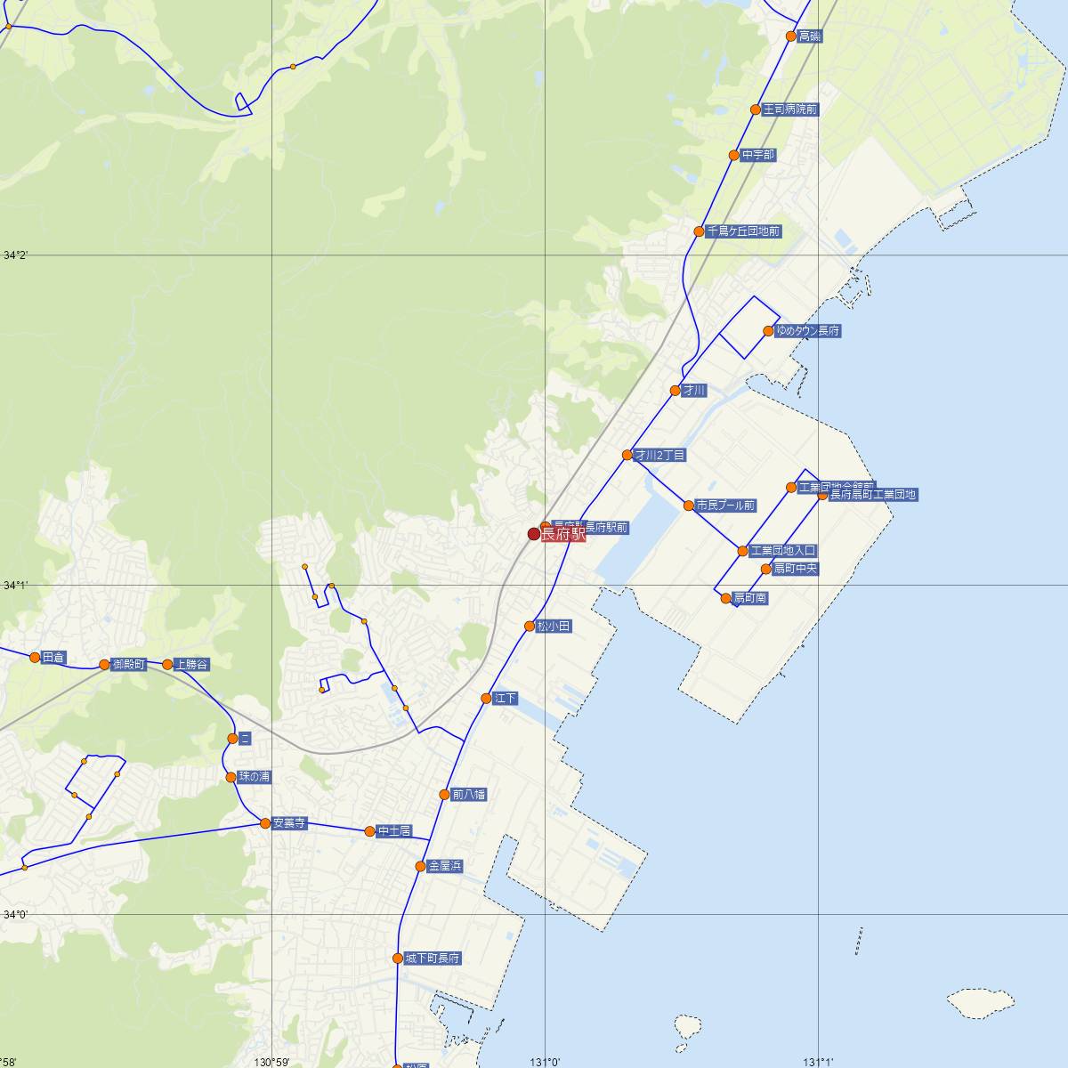 長府駅（JR西日本）周辺のバス路線図