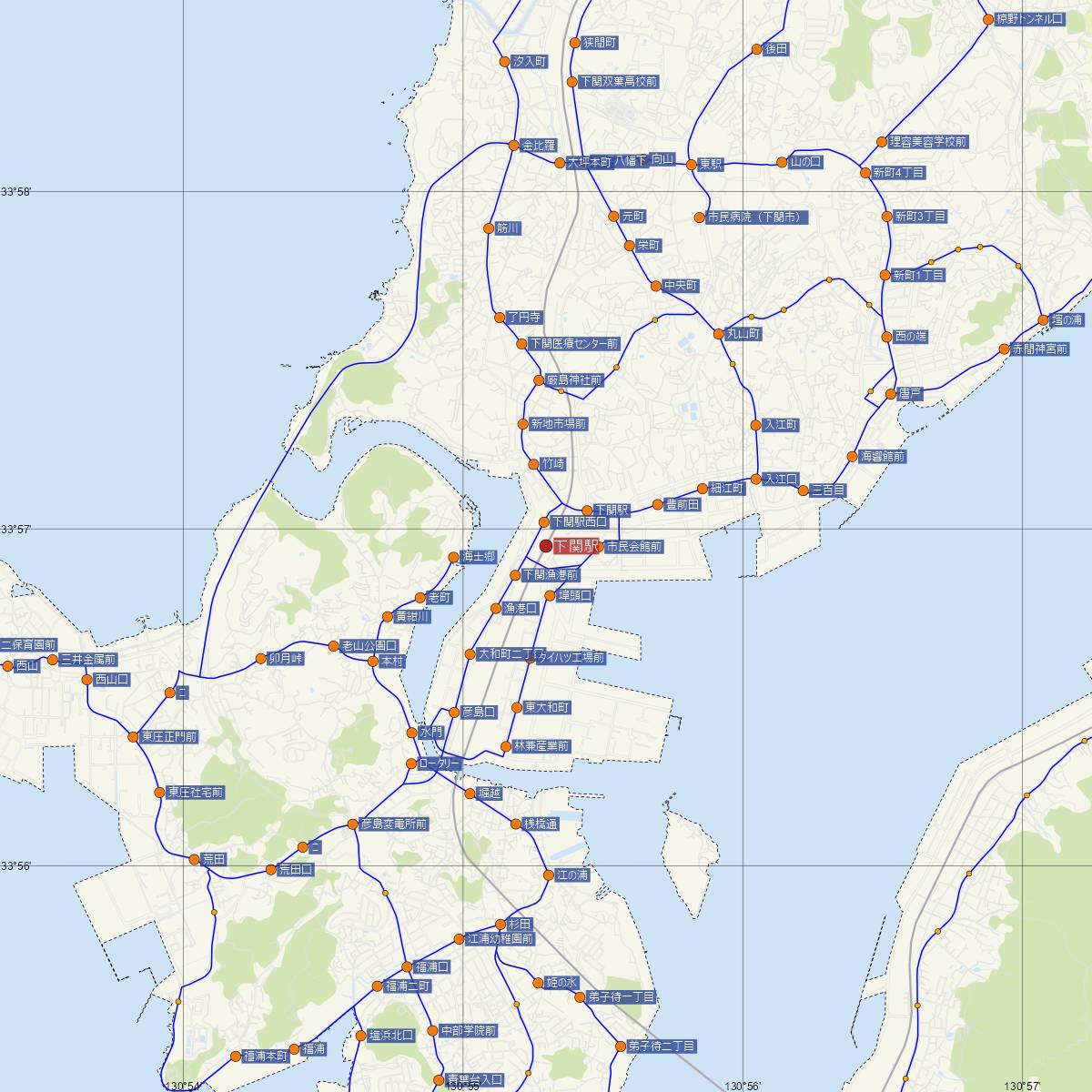 下関駅（JR西日本）周辺のバス路線図