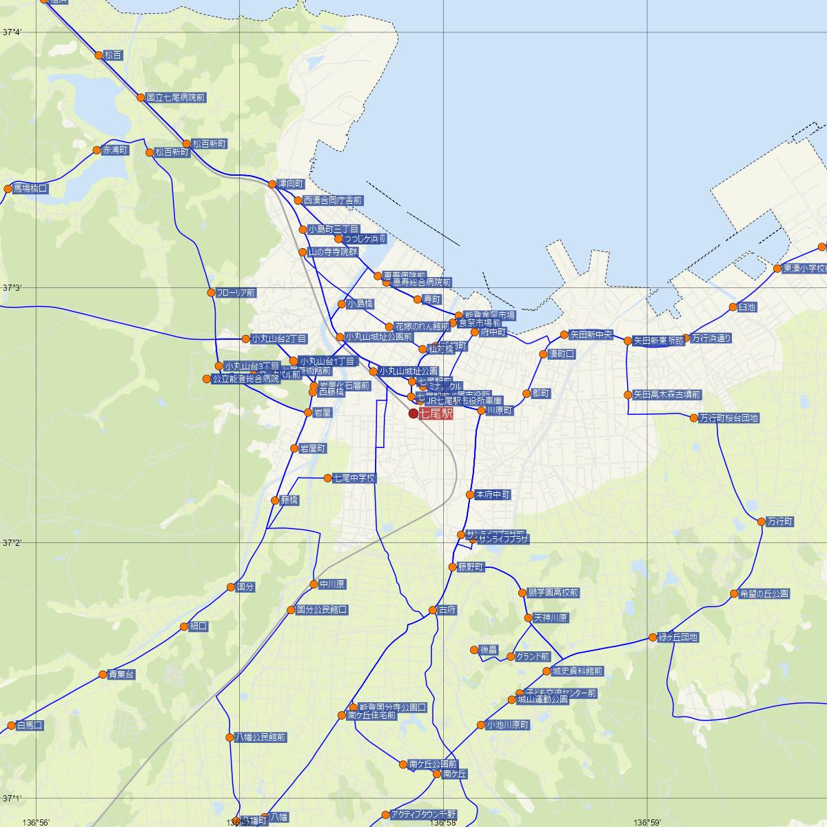 七尾駅（JR西日本）周辺のバス路線図