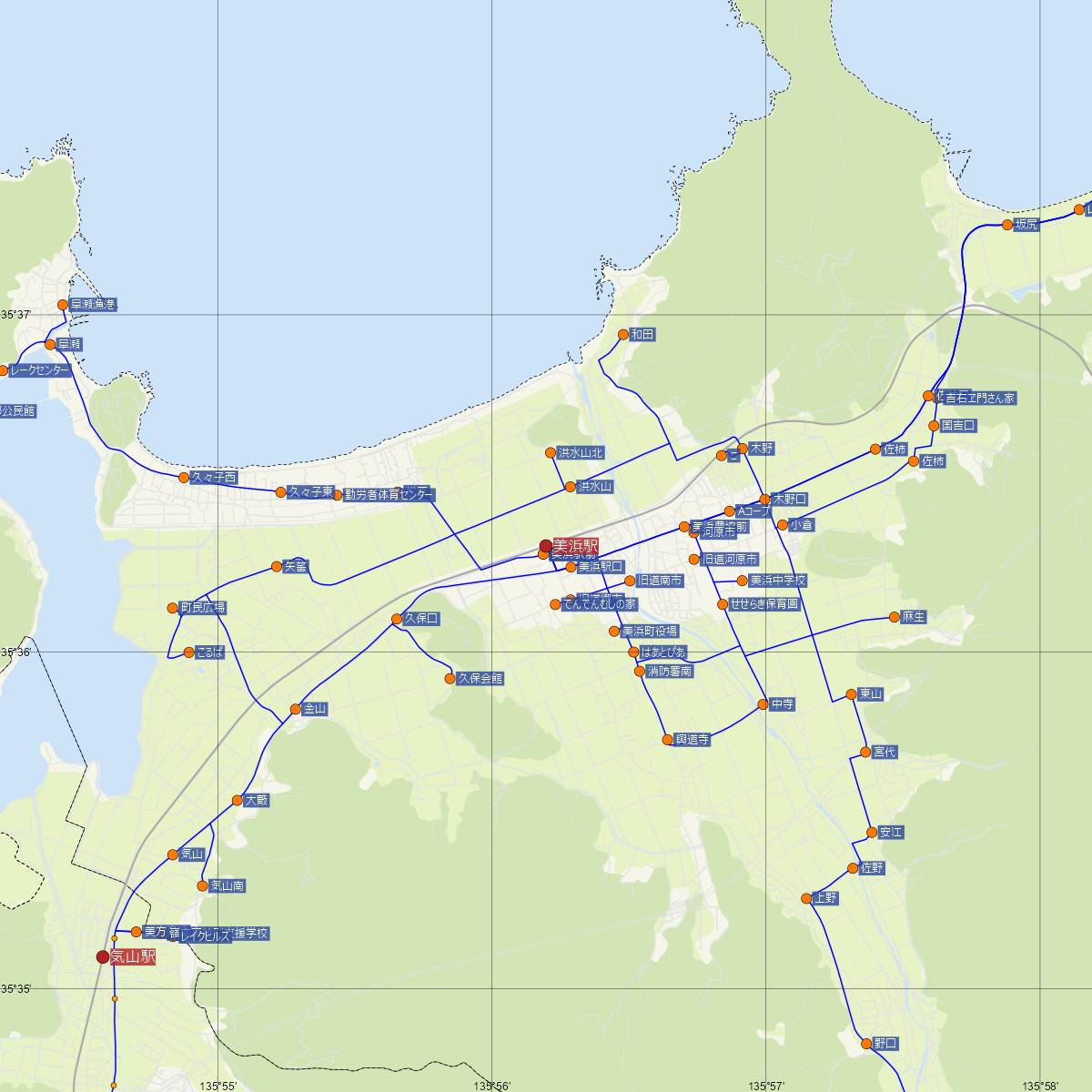 美浜駅（JR西日本）周辺のバス路線図