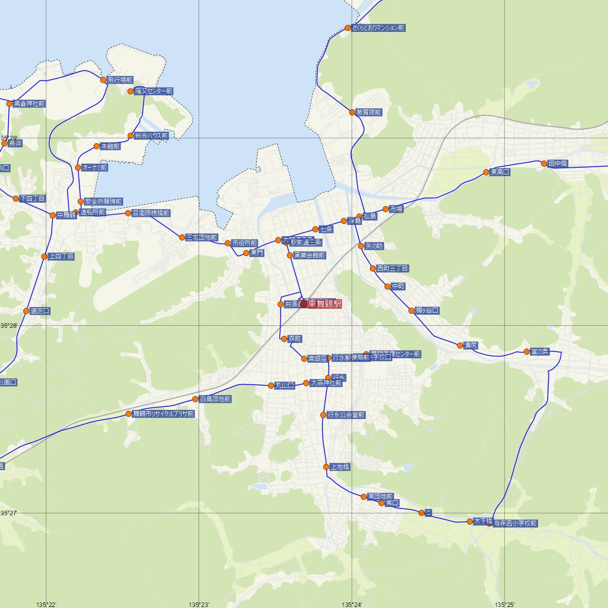 東舞鶴駅（JR西日本）周辺のバス路線図