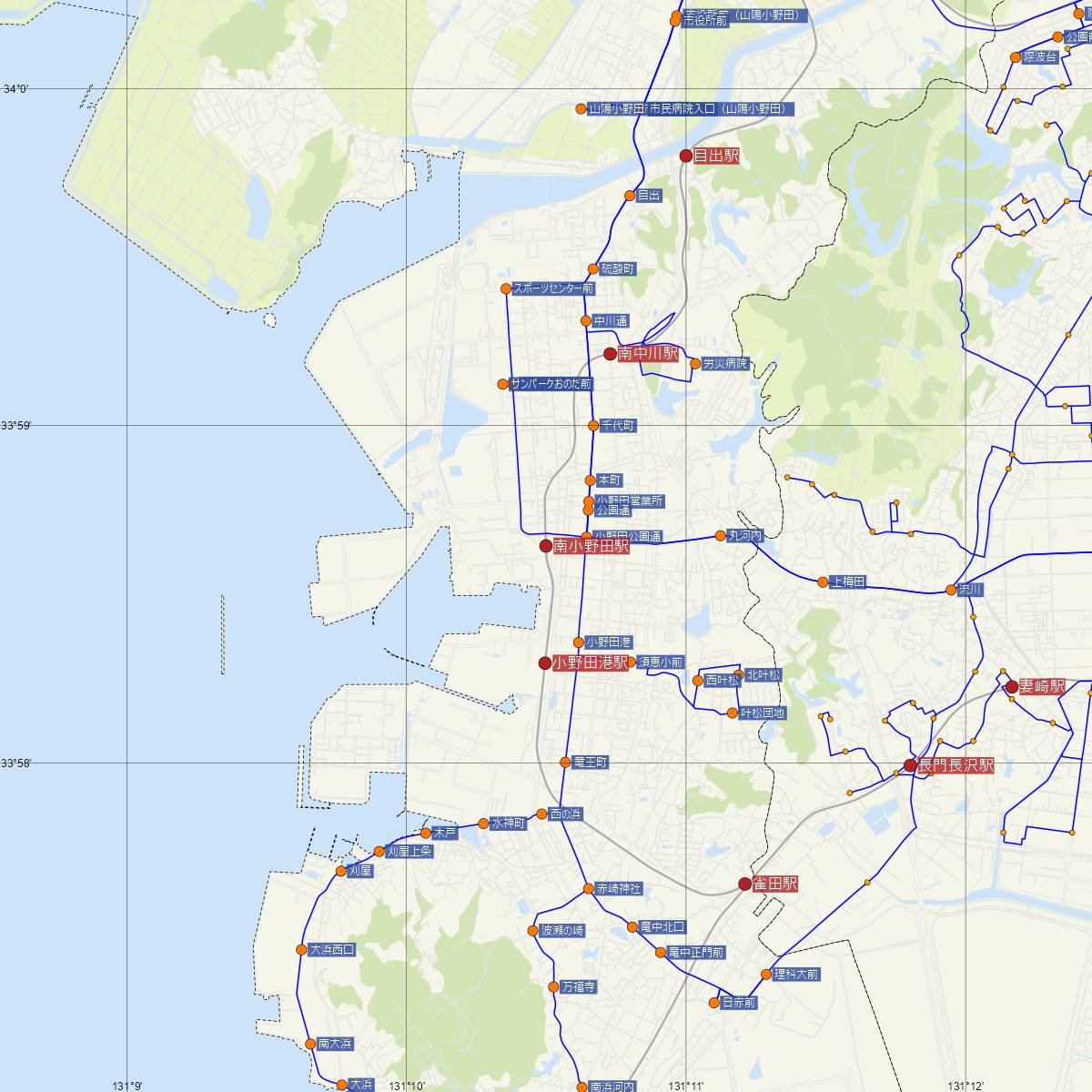 南小野田駅（JR西日本）周辺のバス路線図