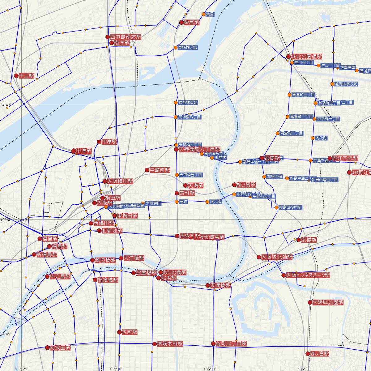 天満駅（JR西日本）周辺のバス路線図