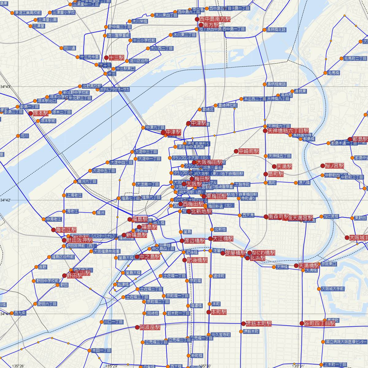 大阪駅（JR西日本）周辺のバス路線図