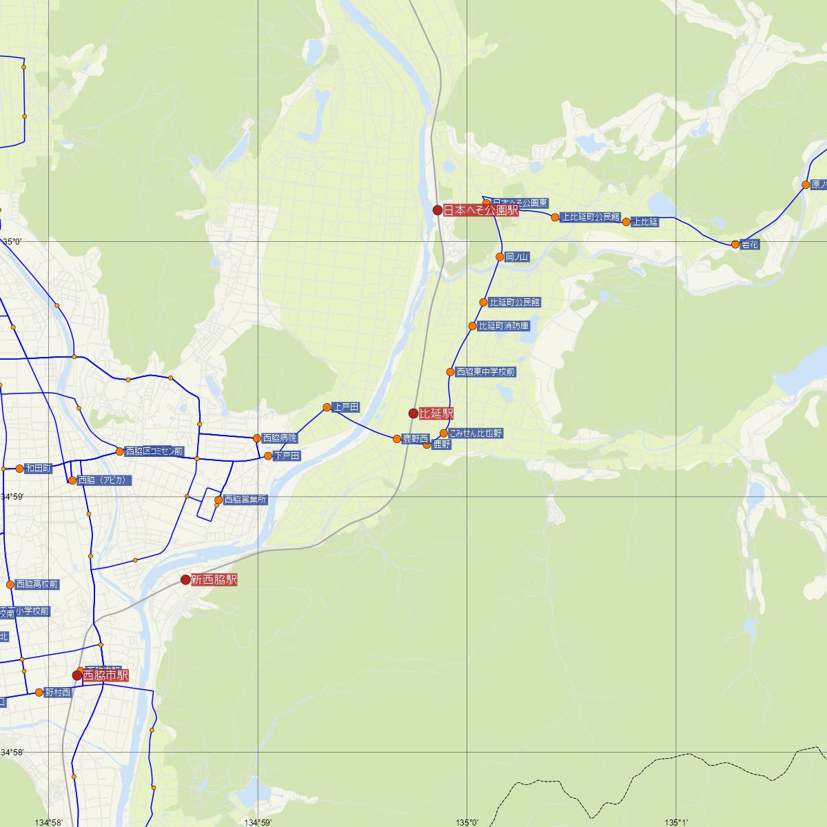 比延駅（JR西日本）周辺のバス路線図