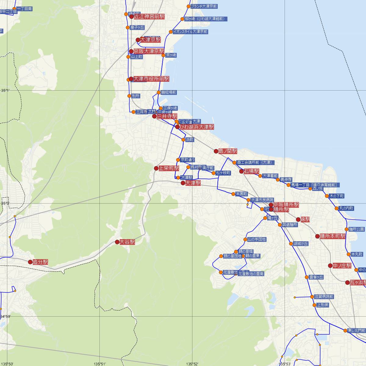 大津駅（JR西日本）周辺のバス路線図