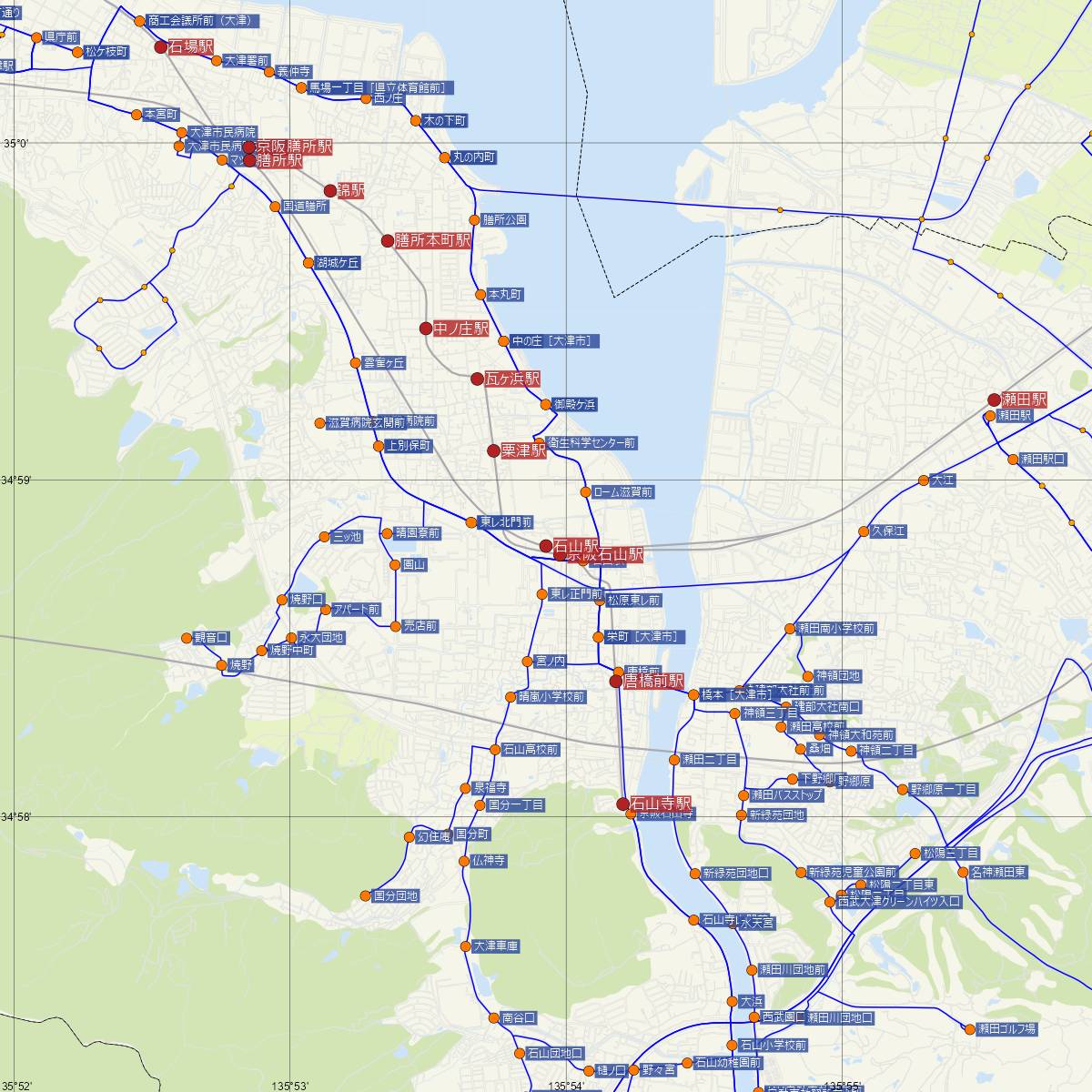 石山駅（JR西日本）周辺のバス路線図