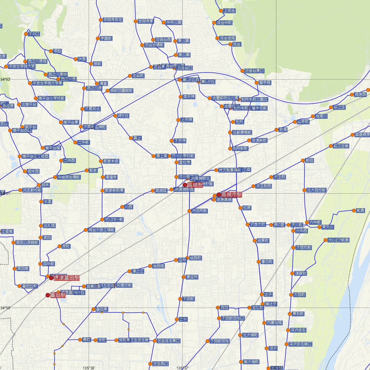 高槻駅（JR西日本）周辺のバス路線図