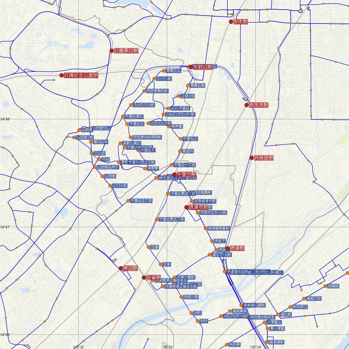 千里丘駅（JR西日本）周辺のバス路線図