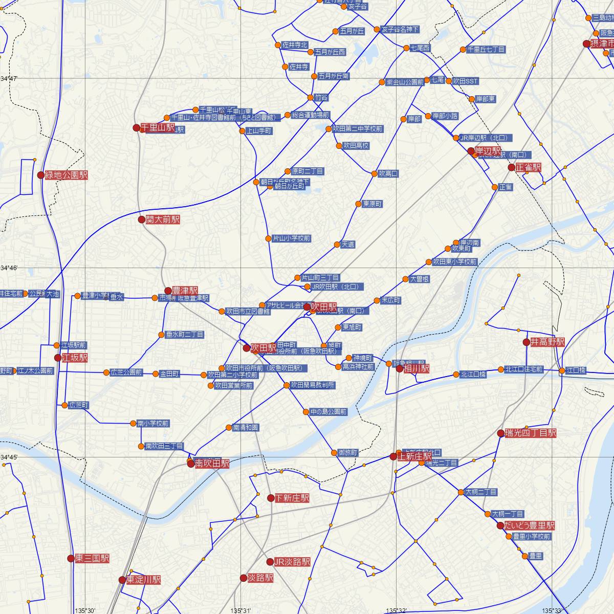 吹田駅（JR西日本）周辺のバス路線図