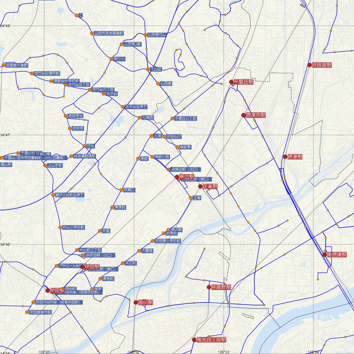 岸辺駅（JR西日本）周辺のバス路線図