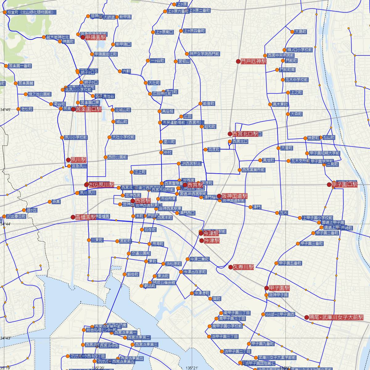 西宮駅（JR西日本）周辺のバス路線図