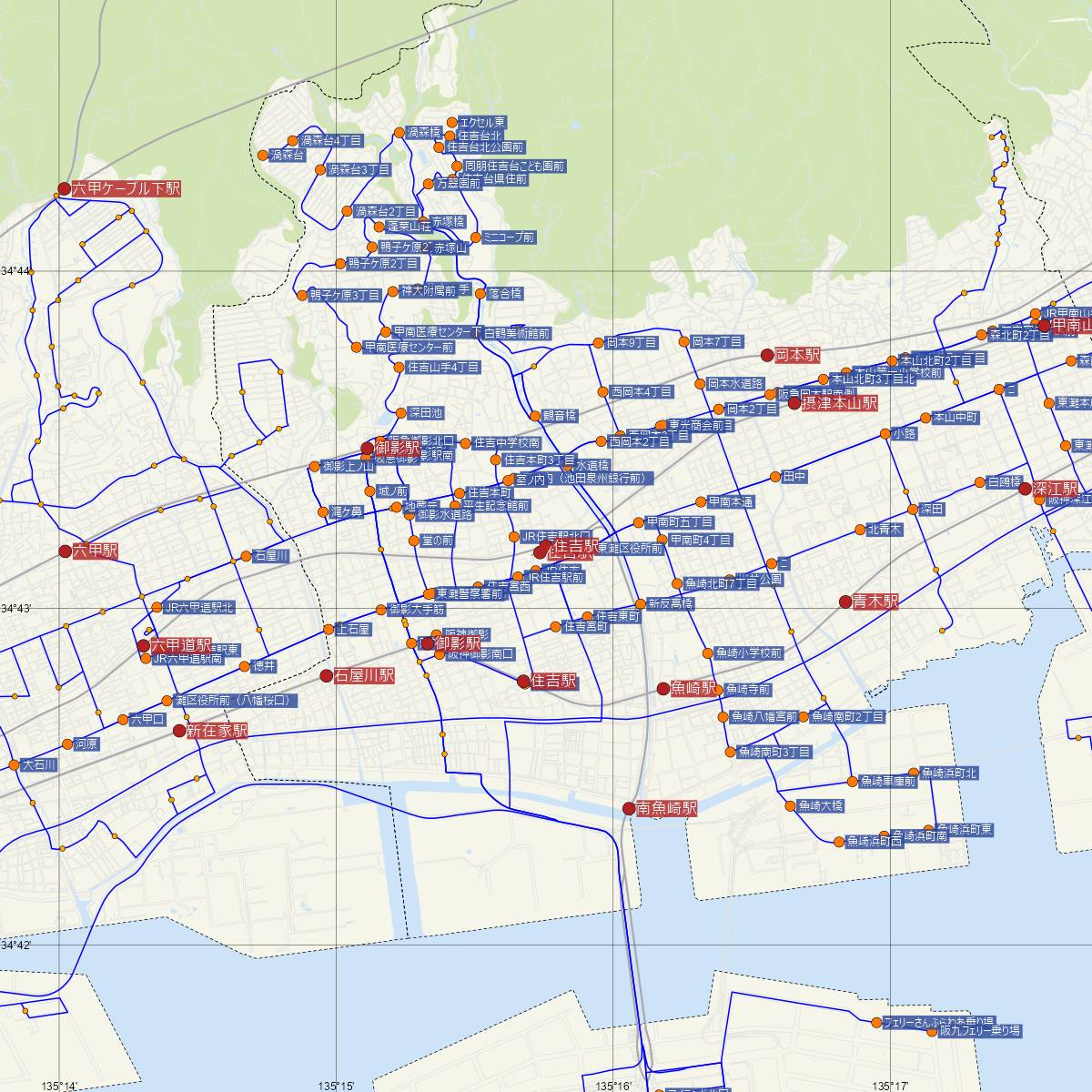 住吉駅（JR西日本）周辺のバス路線図