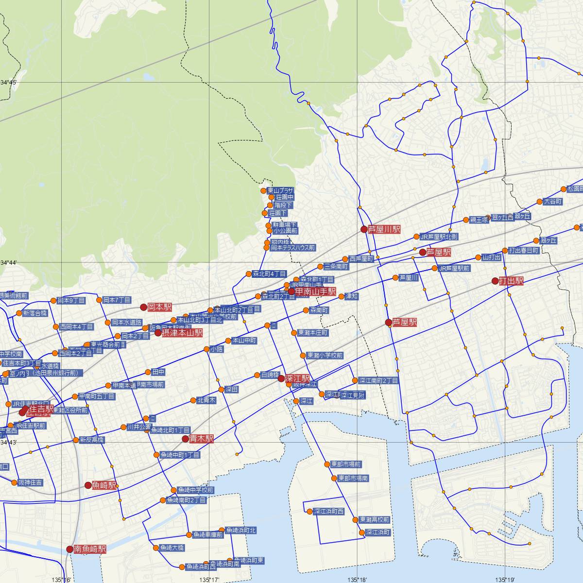 甲南山手駅（JR西日本）周辺のバス路線図