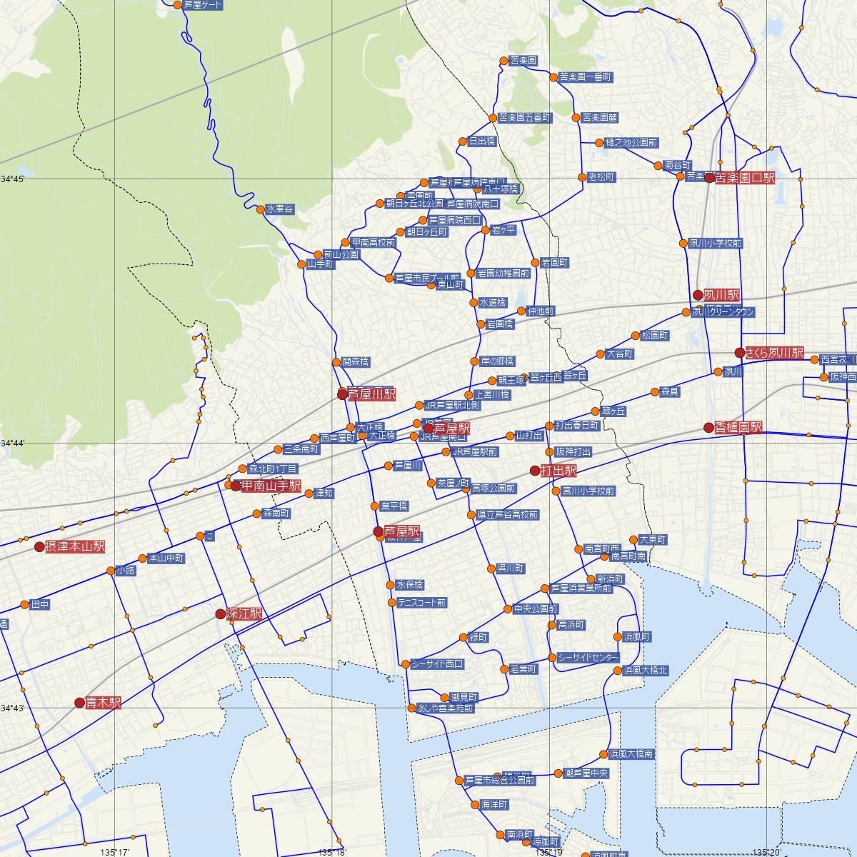 芦屋駅（JR西日本）周辺のバス路線図