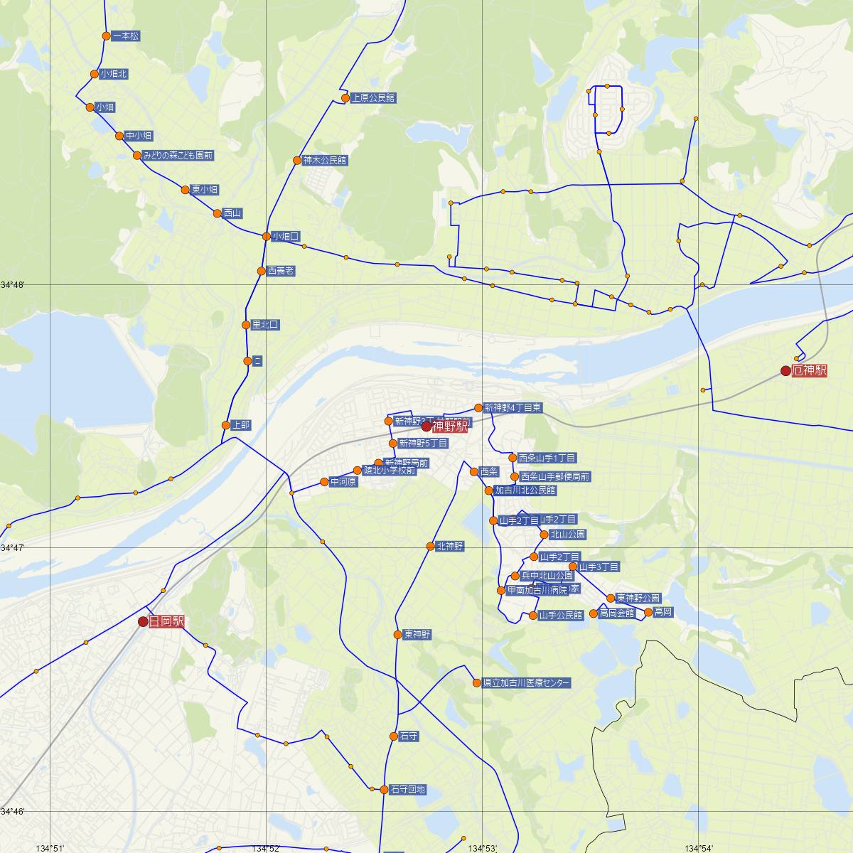 神野駅（JR西日本）周辺のバス路線図