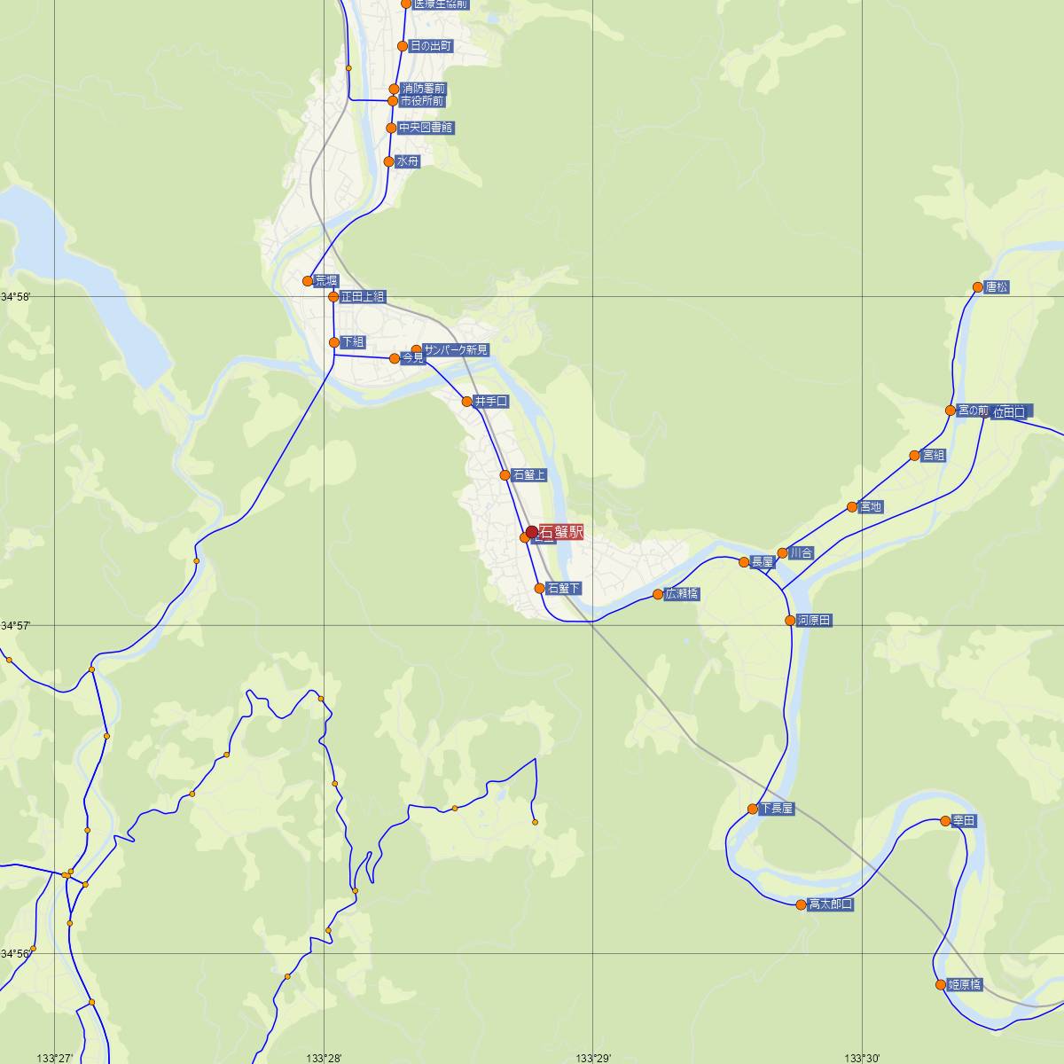 石蟹駅（JR西日本）周辺のバス路線図