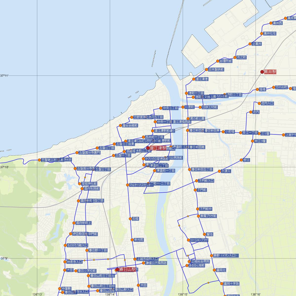 直江津駅（えちごトキめき鉄道）周辺のバス路線図
