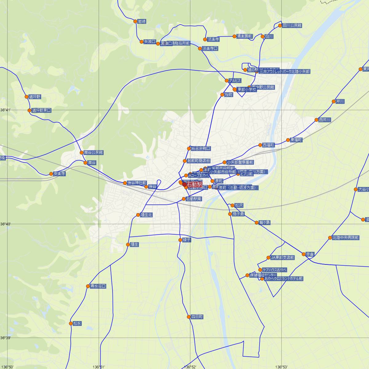 石動駅（あいの風とやま鉄道）周辺のバス路線図