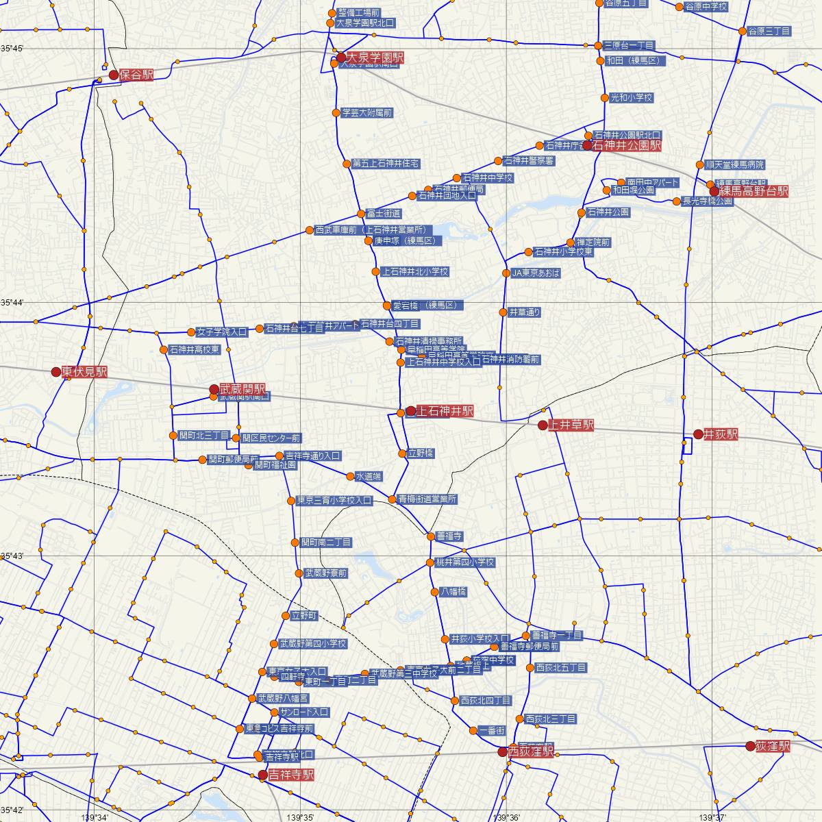 上石神井駅（西武鉄道）周辺のバス路線図