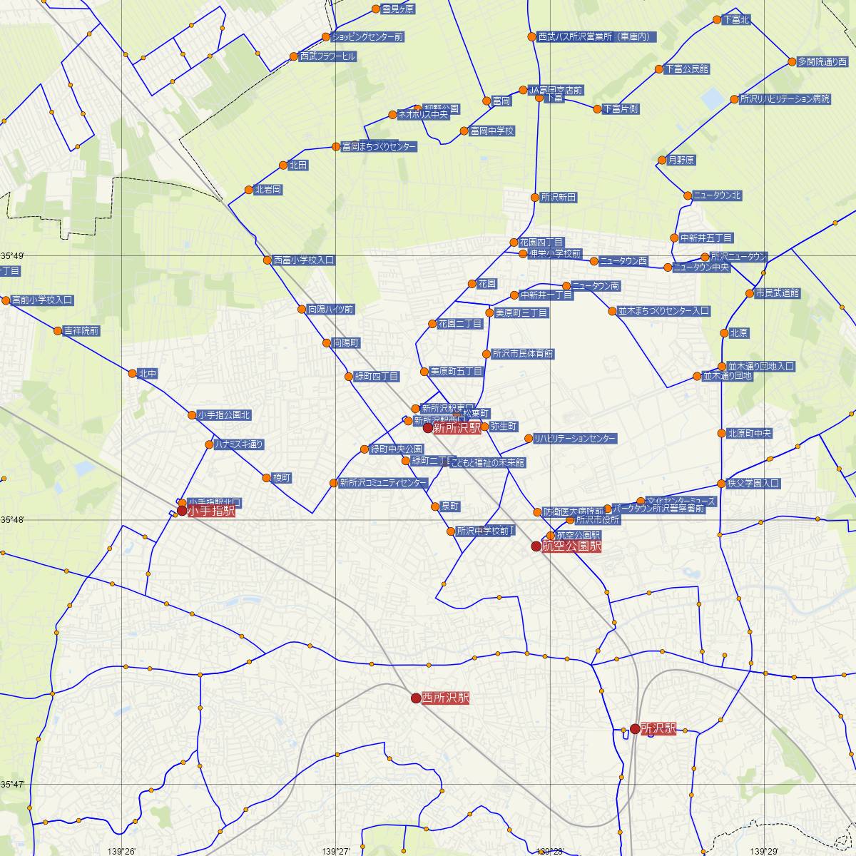 新所沢駅（西武鉄道）周辺のバス路線図