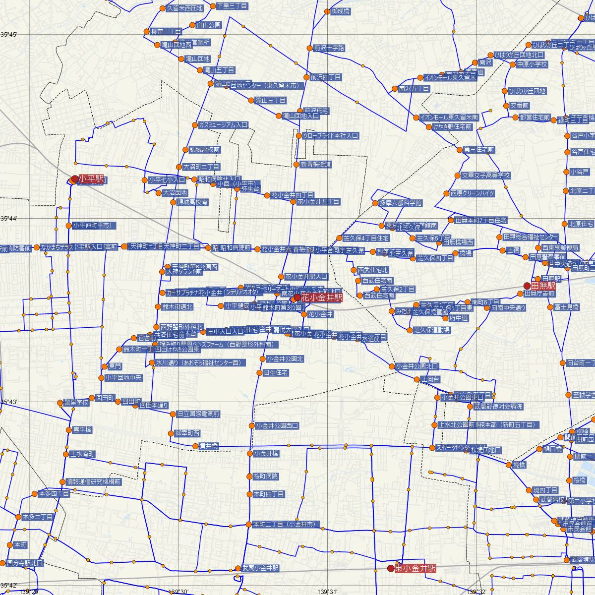 花小金井駅（西武鉄道）周辺のバス路線図