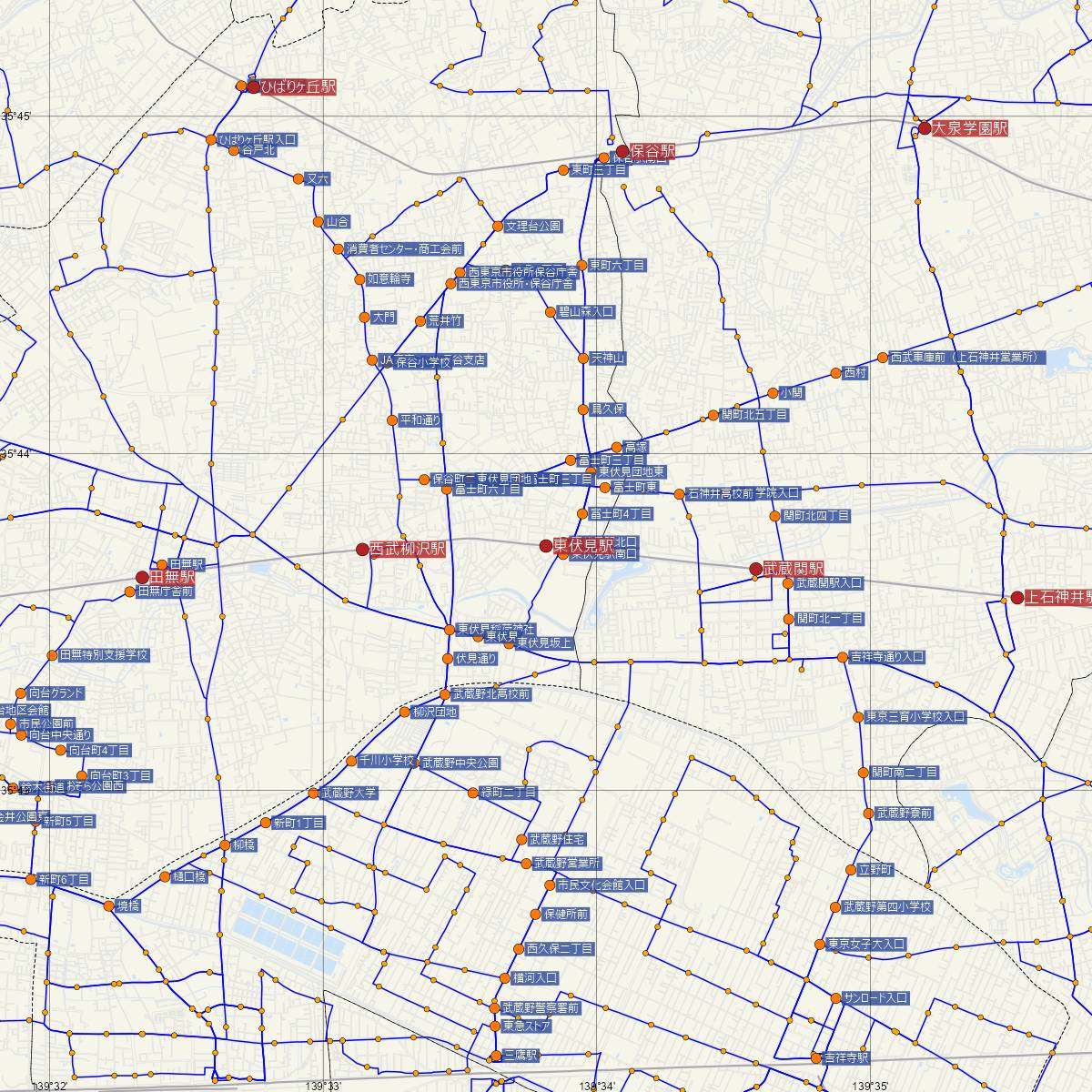 東伏見駅（西武鉄道）周辺のバス路線図