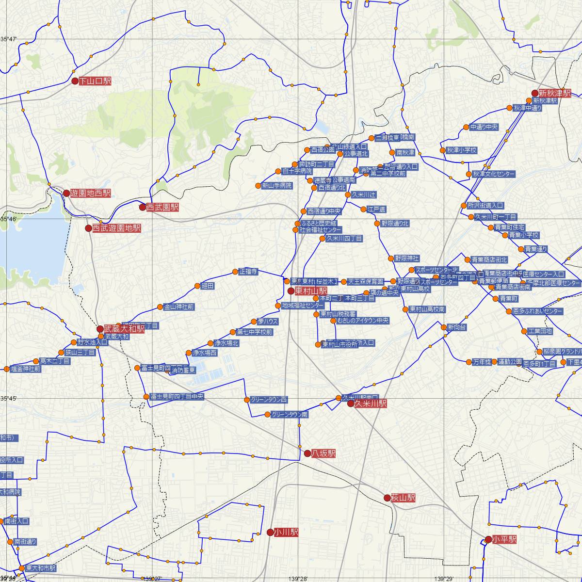 東村山駅（西武鉄道）周辺のバス路線図