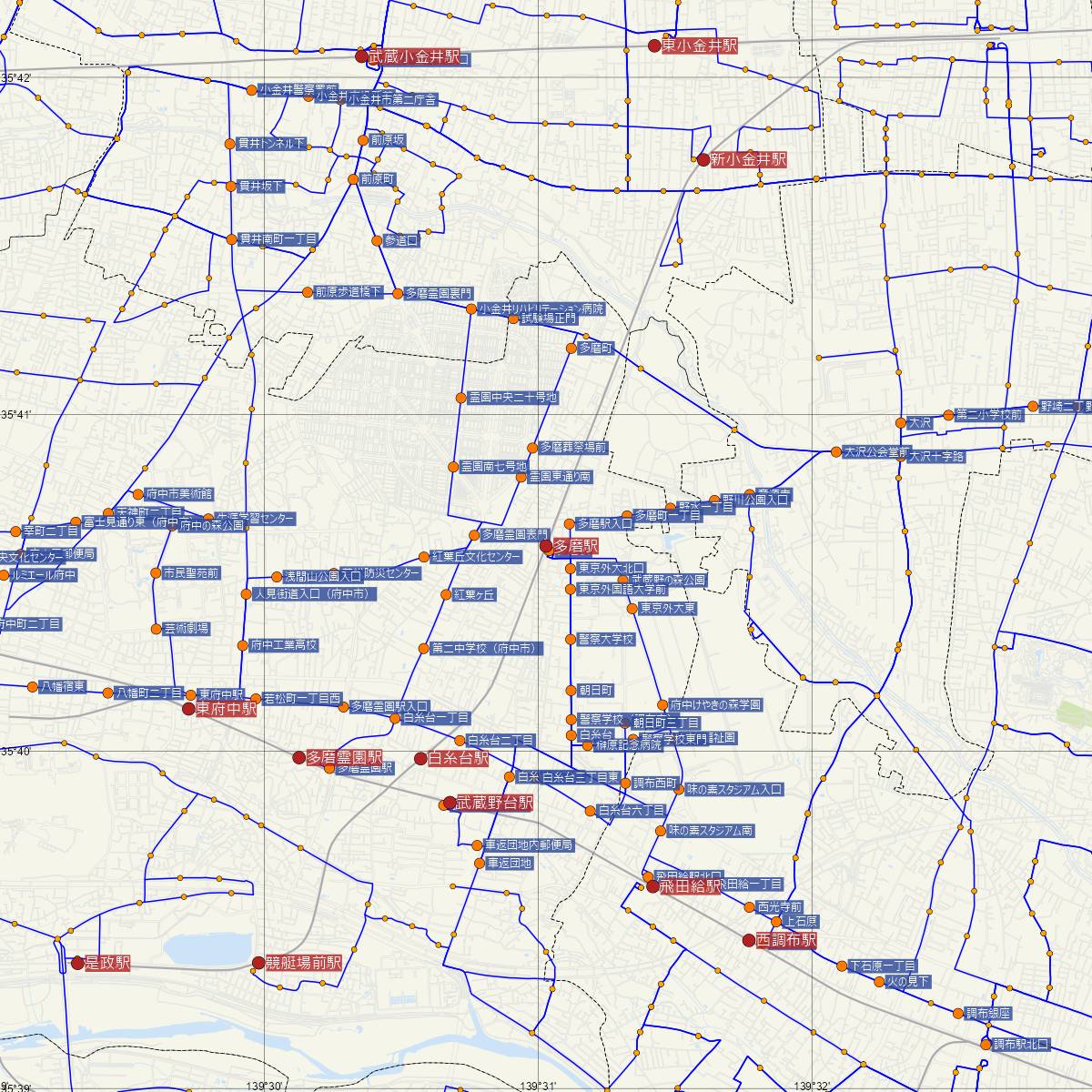 多磨駅（西武鉄道）周辺のバス路線図